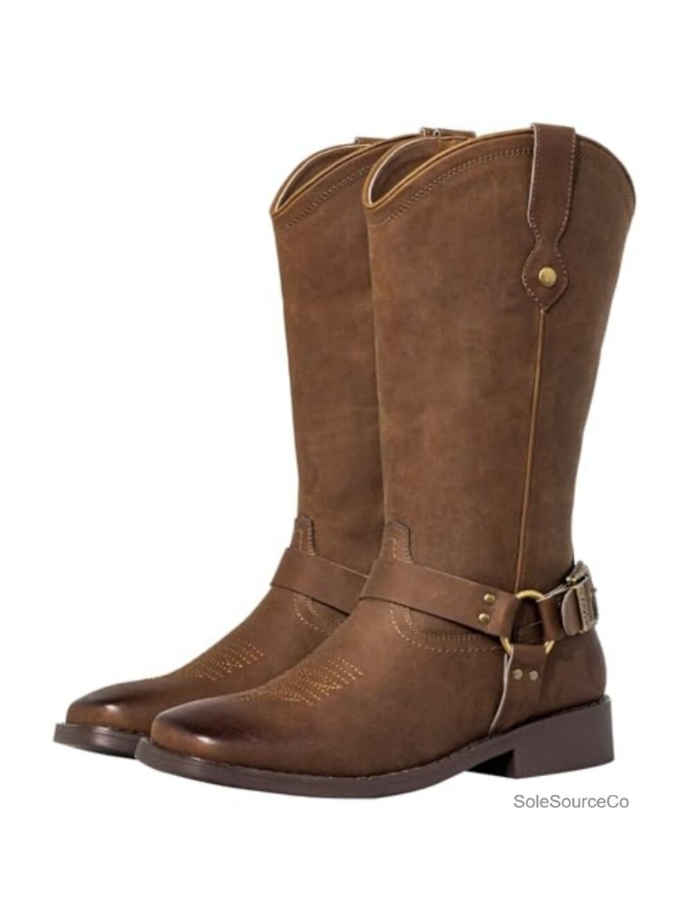 Faux Leather Western Cowboy Boots Square Toe Wide Calf Harness Buckle